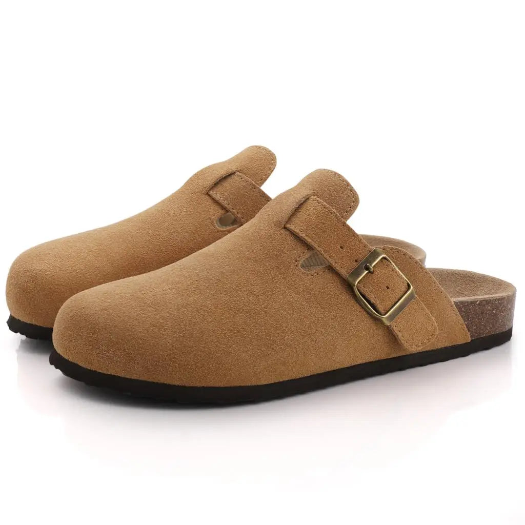 Women's Faux Suede Mules Cork Sole Clogs with Adjustable Buckle Strap