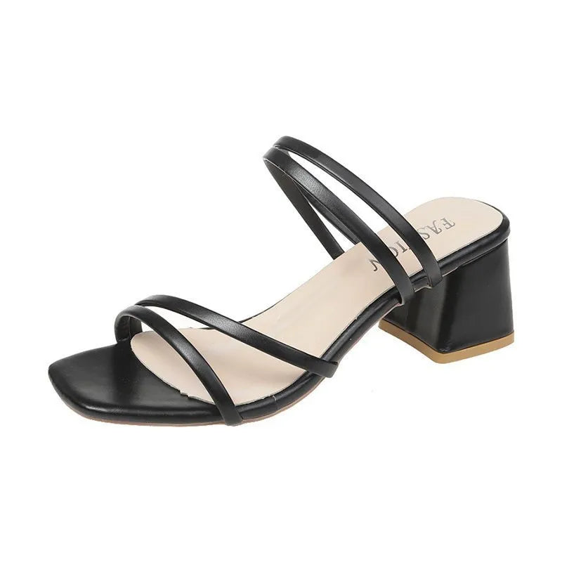 Sandales à talon bloc pour femmes, à brides, bout ouvert carré, chaussures habillées à enfiler