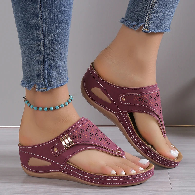 Women's Casual Sandals Wedge Heel Flip Flops Faux Leather Platform Slippers