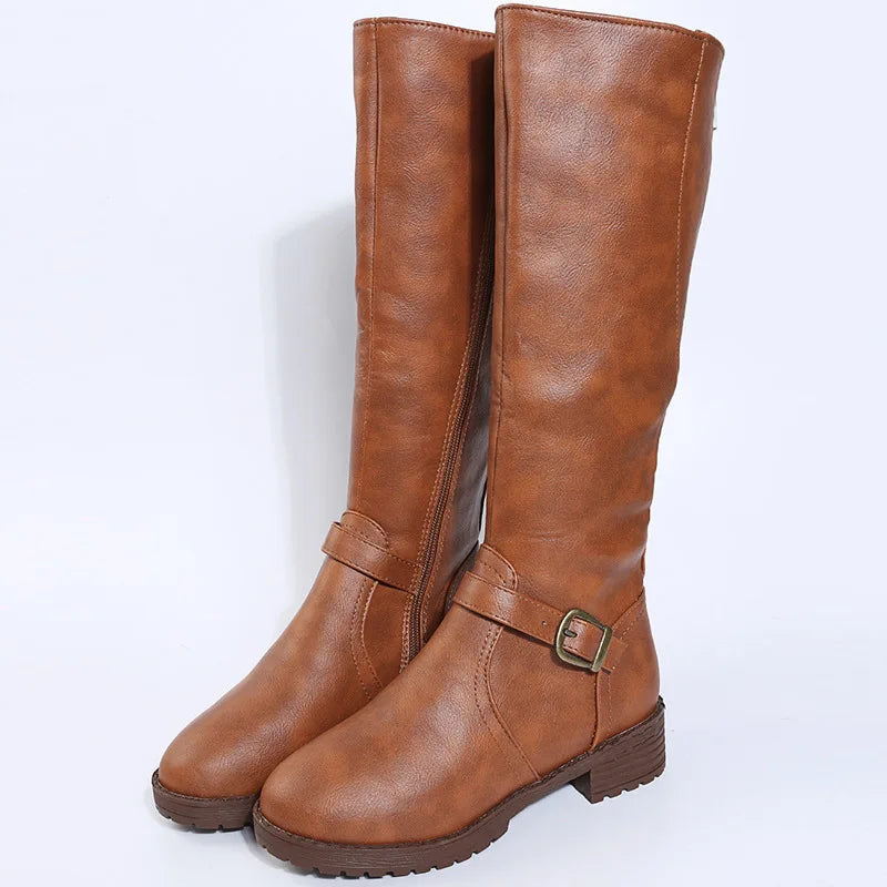 Women's Low-Heel Knee-High Boots – Buckle Accent, Fleece-Lined Interior