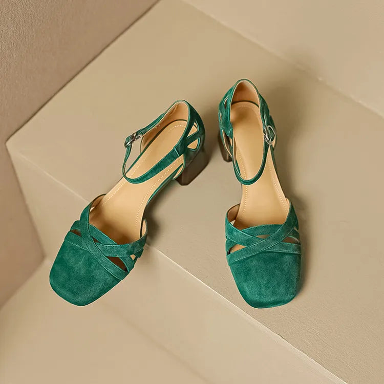 Sandales à talons en daim de mouton pour femmes, bout carré, bride cheville, talon bloc rétro épais