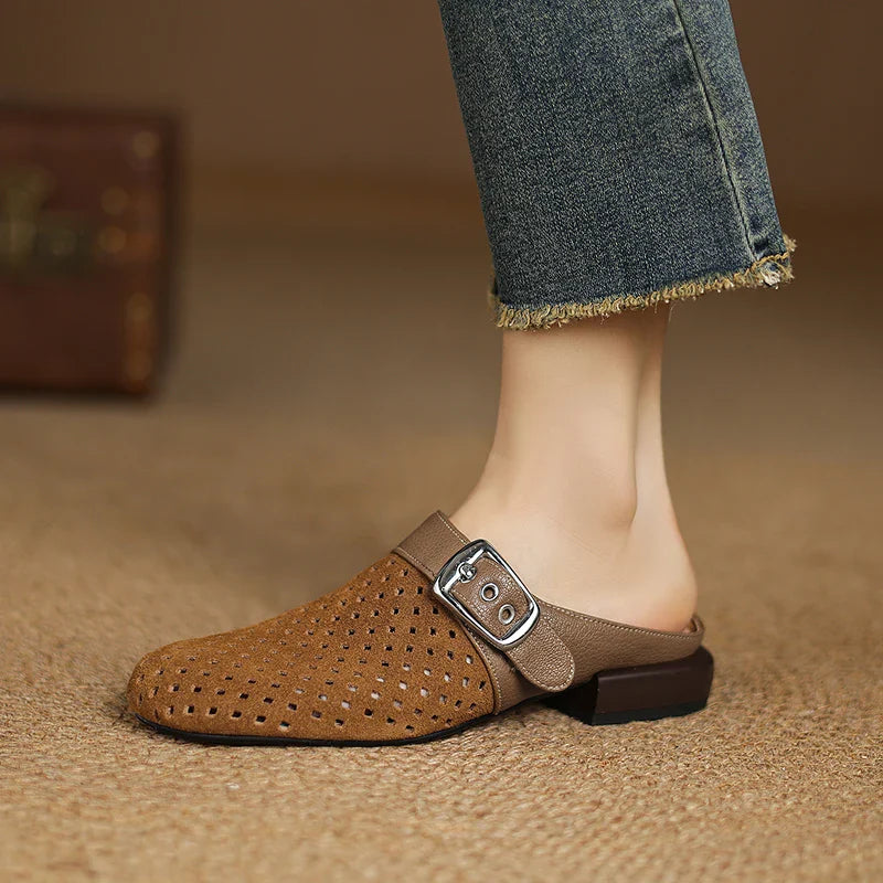 Cow Suede Leather Mules Women's Slip On Clogs with Adjustable Buckle Strap