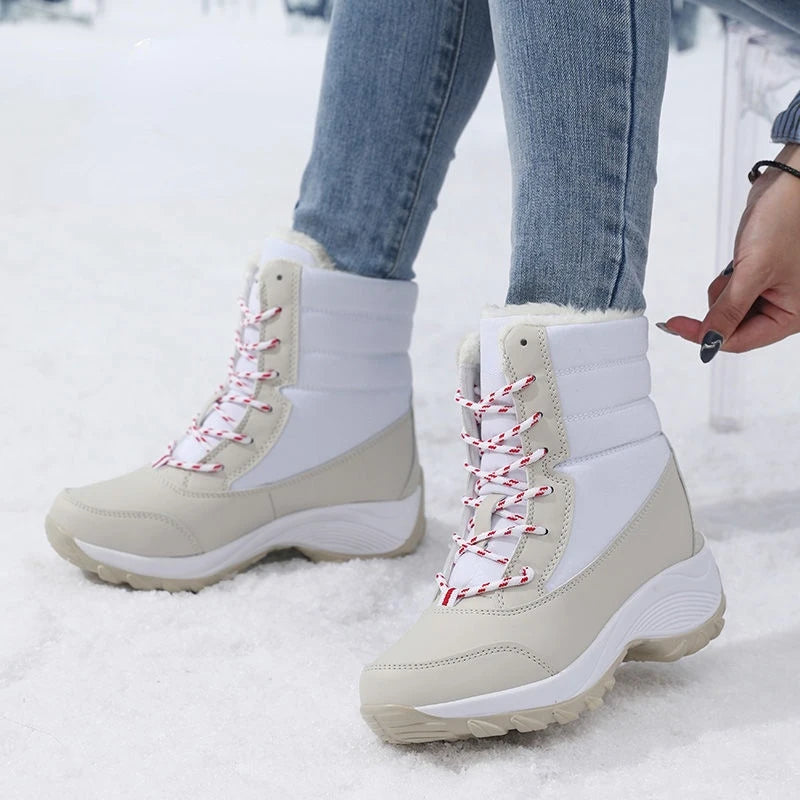 Bottines compensées confortables pour femme – fermeture à lacets, doublure moelleuse en fausse fourrure