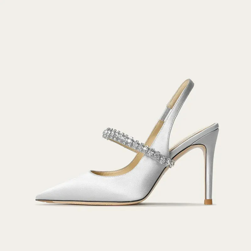 Tacones de punta fina para mujer - correa de tobillo con joyas, acabado satinado