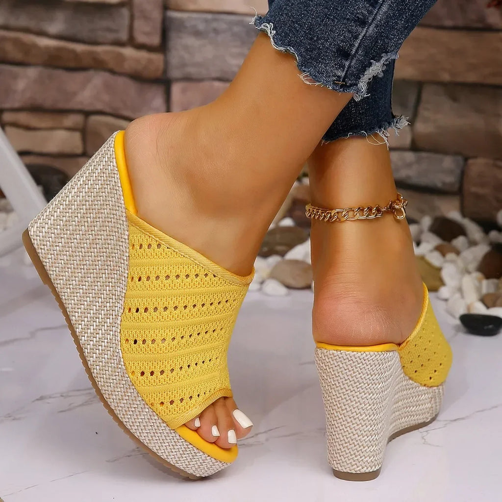 Sandales compensées pour femmes, bout ouvert, maille tricotée, plateforme à enfiler, chaussures confortables pour la marche