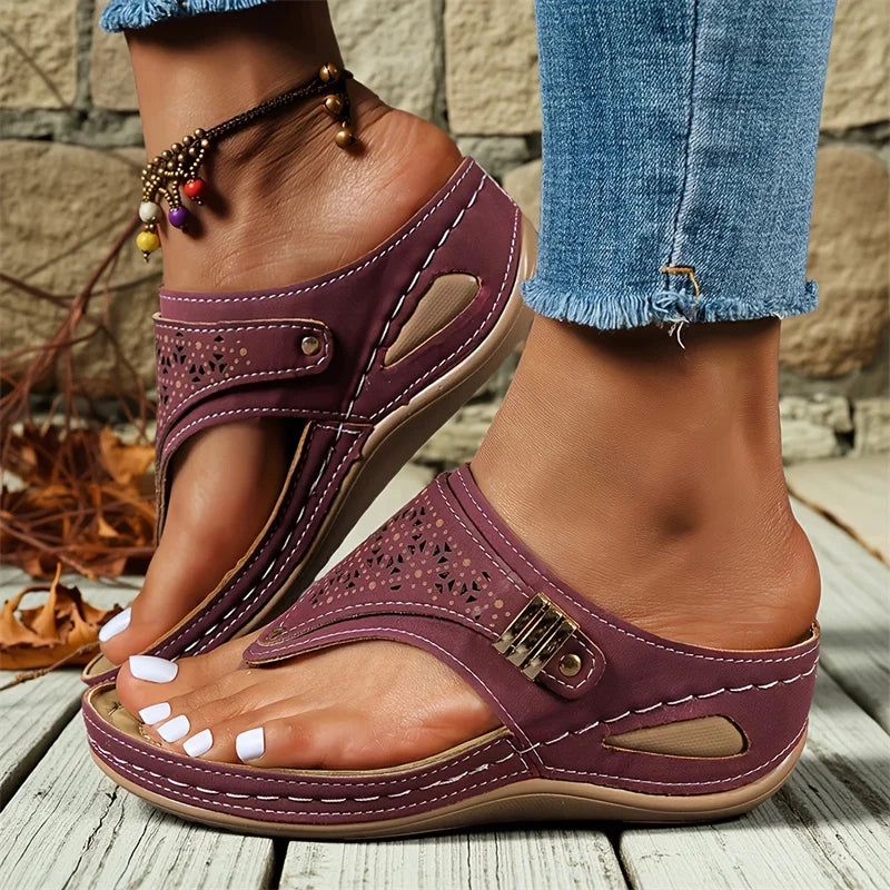 Women's Casual Open Toe Flip Flops PU Leather Low Wedge Platform Sandals