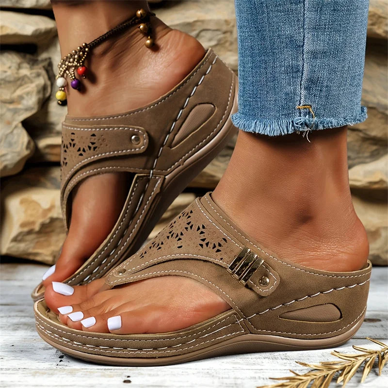 Women's Casual Open Toe Flip Flops PU Leather Low Wedge Platform Sandals