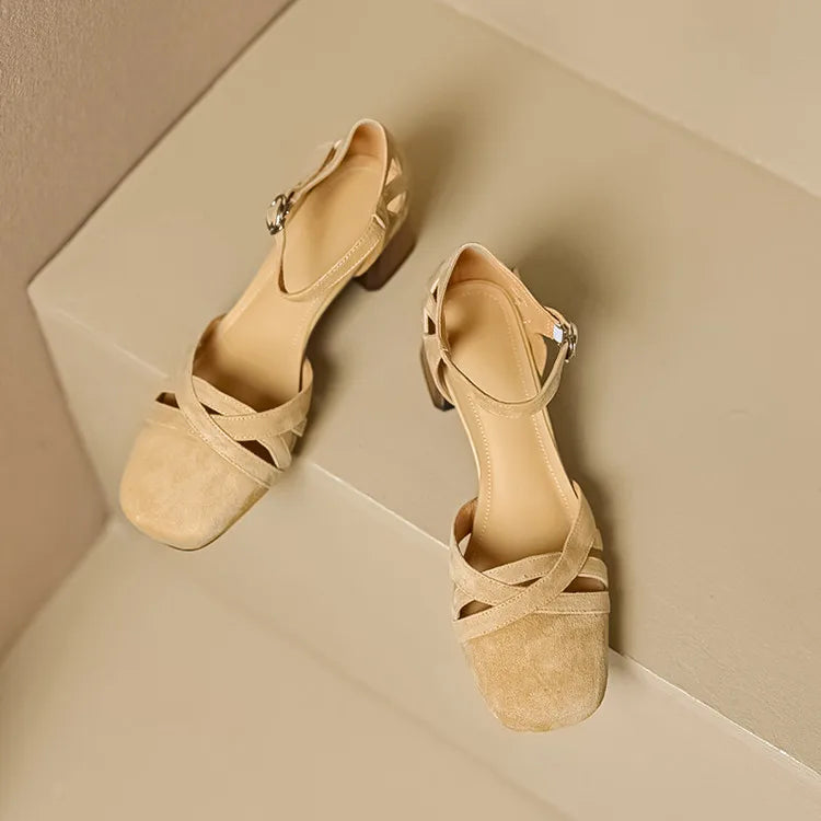 Sandales à talons en daim de mouton pour femmes, bout carré, bride cheville, talon bloc rétro épais