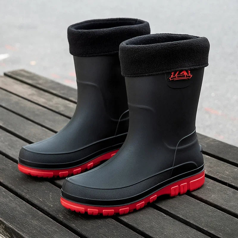 Bottes de pluie imperméables antidérapantes pour homme – semelle intérieure en peau lainée, fermeture à enfiler