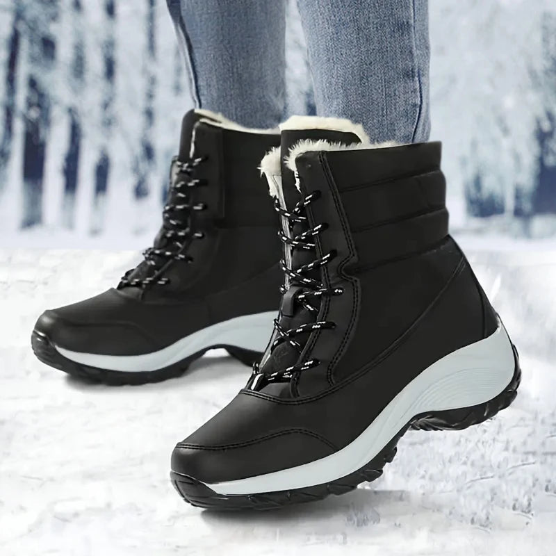 Bottines compensées confortables pour femme – fermeture à lacets, doublure moelleuse en fausse fourrure