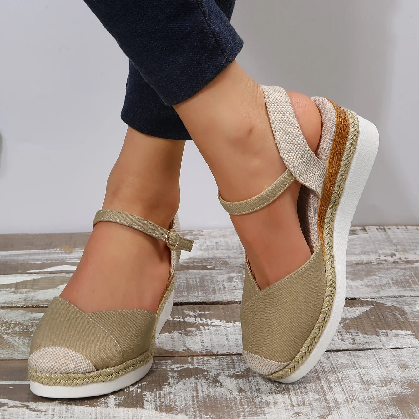 Women's Closed-Toe Wedge Sandals Buckle Strap Modern Espadrilles Platform Shoes