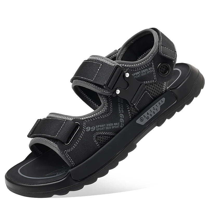 Men's Sandals Leather Adjustable Hook and Loop Shoes
