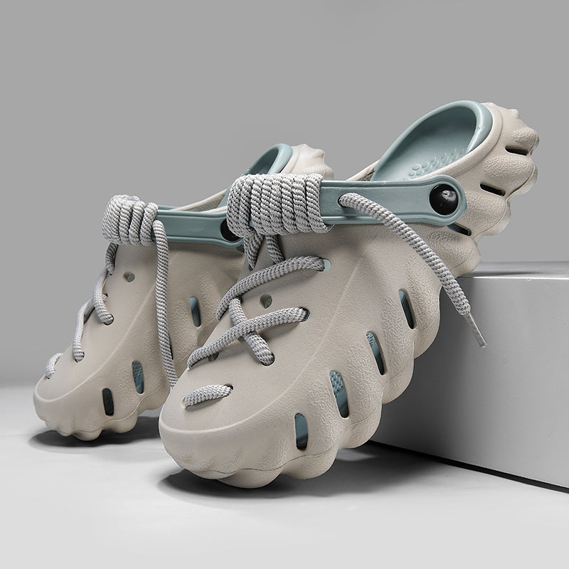 Men’s Breathable Clog Slides with Cross-Lacing and Wave Patterned Outsole