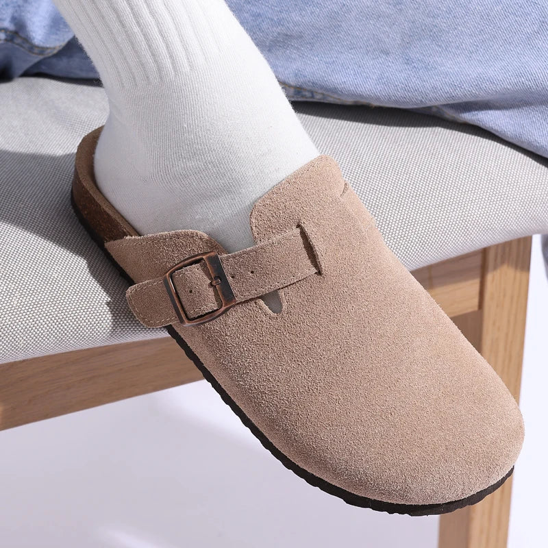 Women's Faux Suede Mules Cork Sole Clogs with Adjustable Buckle Strap