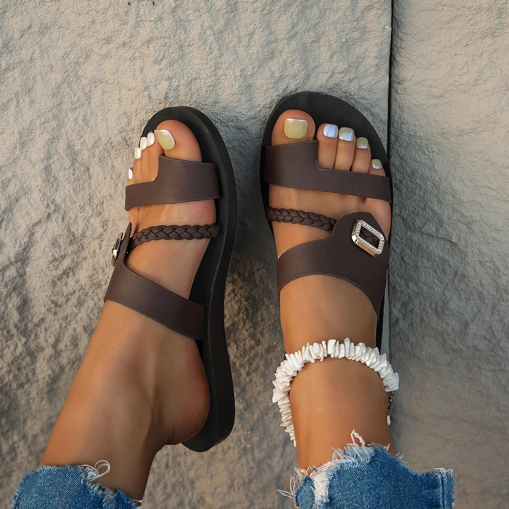 Women's Flat Sandals with Diamond Buckle and Woven Strap