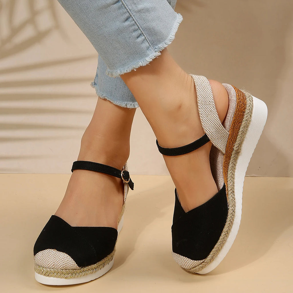 Women's Closed-Toe Wedge Sandals Buckle Strap Modern Espadrilles Platform Shoes