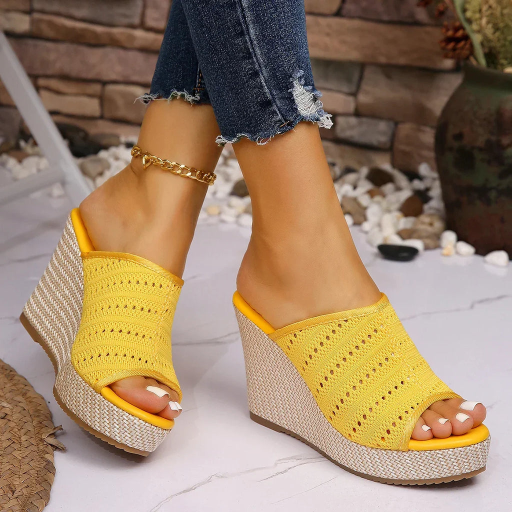 Sandales compensées pour femmes, bout ouvert, maille tricotée, plateforme à enfiler, chaussures confortables pour la marche