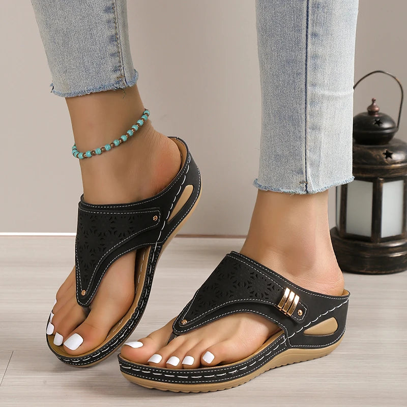 Women's Casual Sandals Wedge Heel Flip Flops Faux Leather Platform Slippers