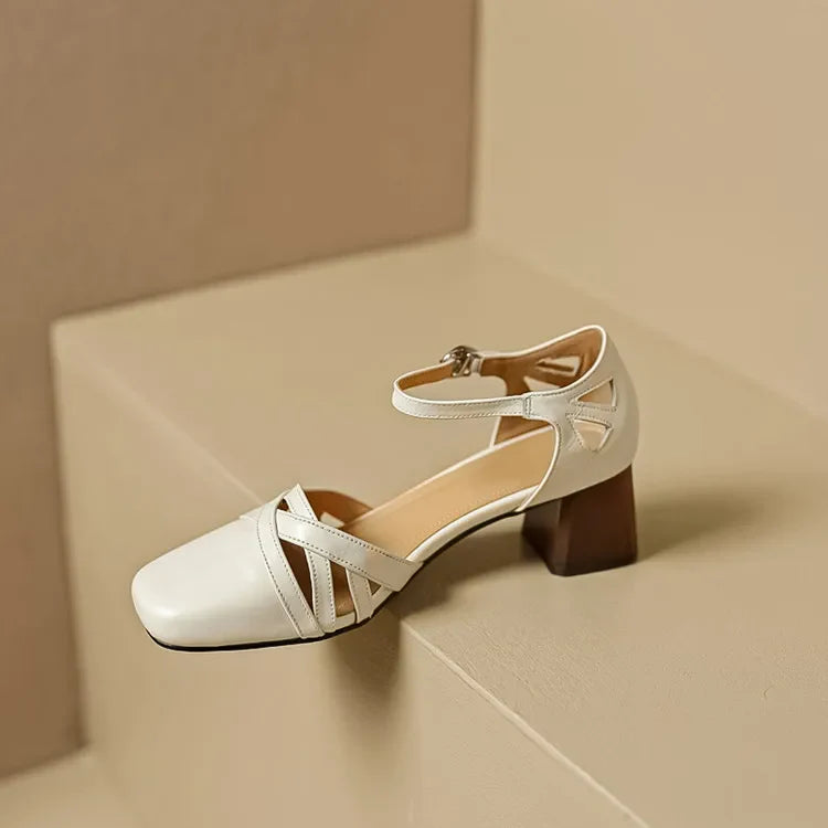 Sandales à talons en daim de mouton pour femmes, bout carré, bride cheville, talon bloc rétro épais