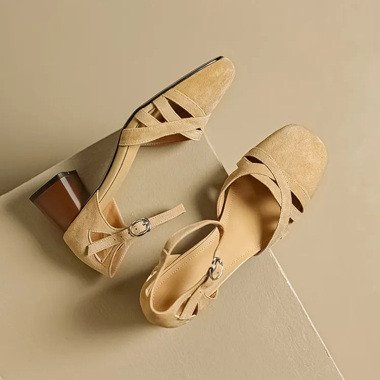 Sandales à talons en daim de mouton pour femmes, bout carré, bride cheville, talon bloc rétro épais