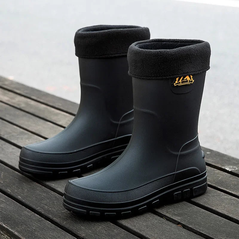 Bottes de pluie imperméables antidérapantes pour homme – semelle intérieure en peau lainée, fermeture à enfiler