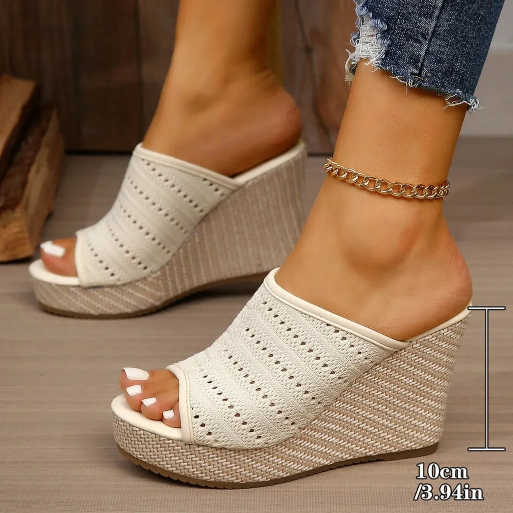Sandales compensées pour femmes, bout ouvert, maille tricotée, plateforme à enfiler, chaussures confortables pour la marche