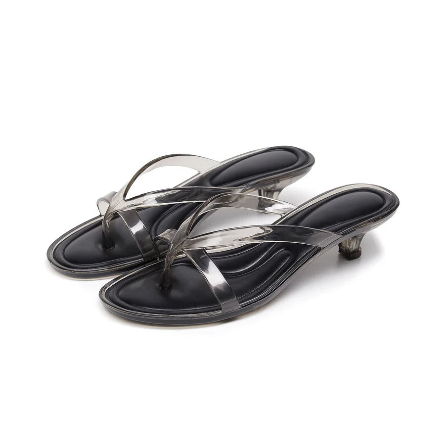 Damesandaletter med kitten heel, PVC, åben tå og thong-design