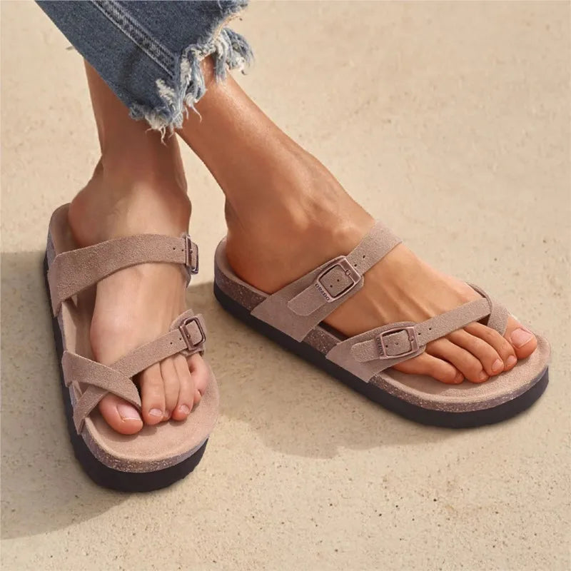 Sandales en liège pour femmes, en daim de vache, à bout ouvert, plates, style mule