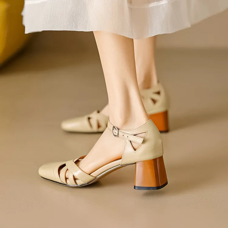 Sandales à talons en daim de mouton pour femmes, bout carré, bride cheville, talon bloc rétro épais