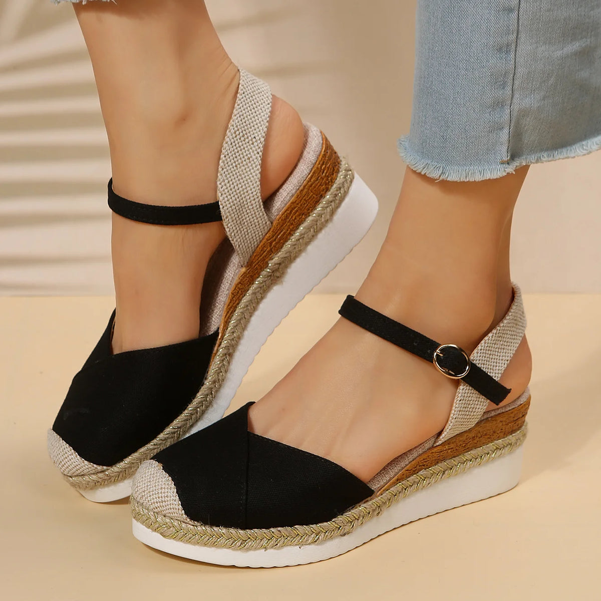 Damesandaler med lukket tå, kilehæl, spænde, moderne espadriller, platformsko