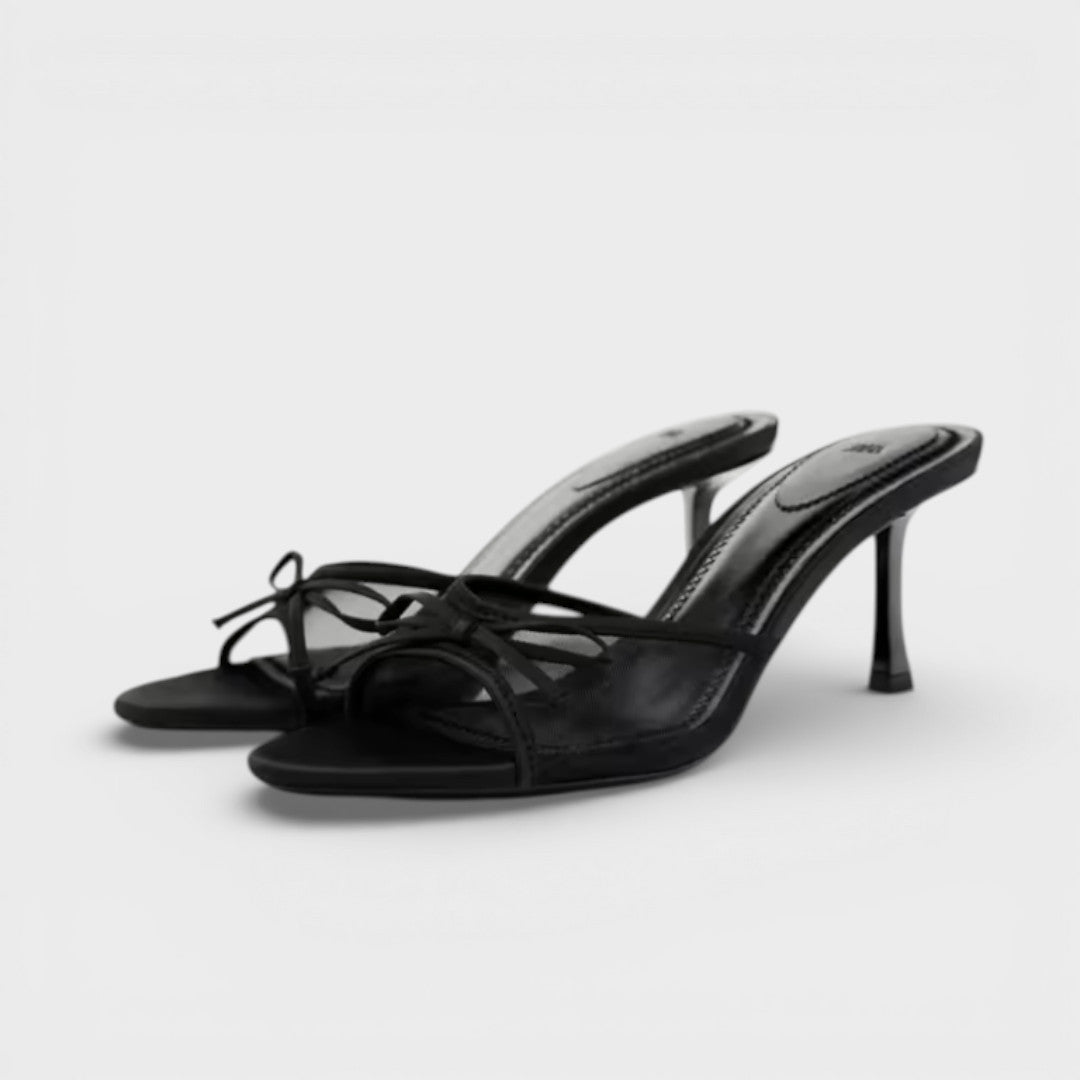 Sandales à talons à brides pour femmes Nœud devant Bout ouvert Mules Bout carré Escarpins de soirée