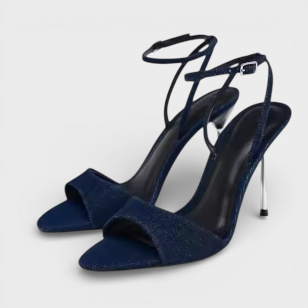 Sandales à talons hauts pour femmes, bout ouvert, stilettos avec bride à la cheville et finition pailletée