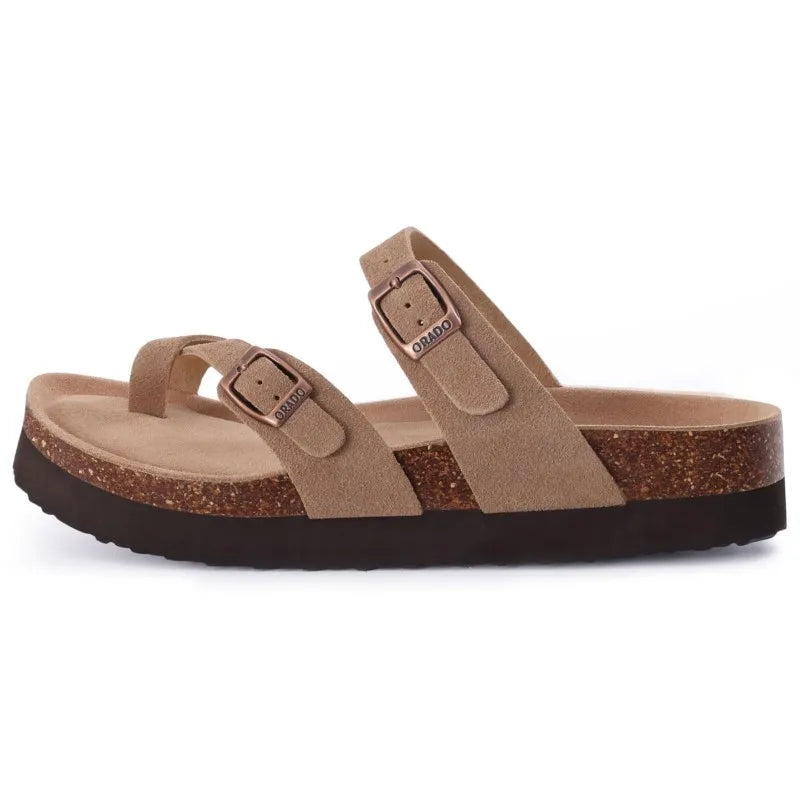 Sandales en liège pour femmes, en daim de vache, à bout ouvert, plates, style mule