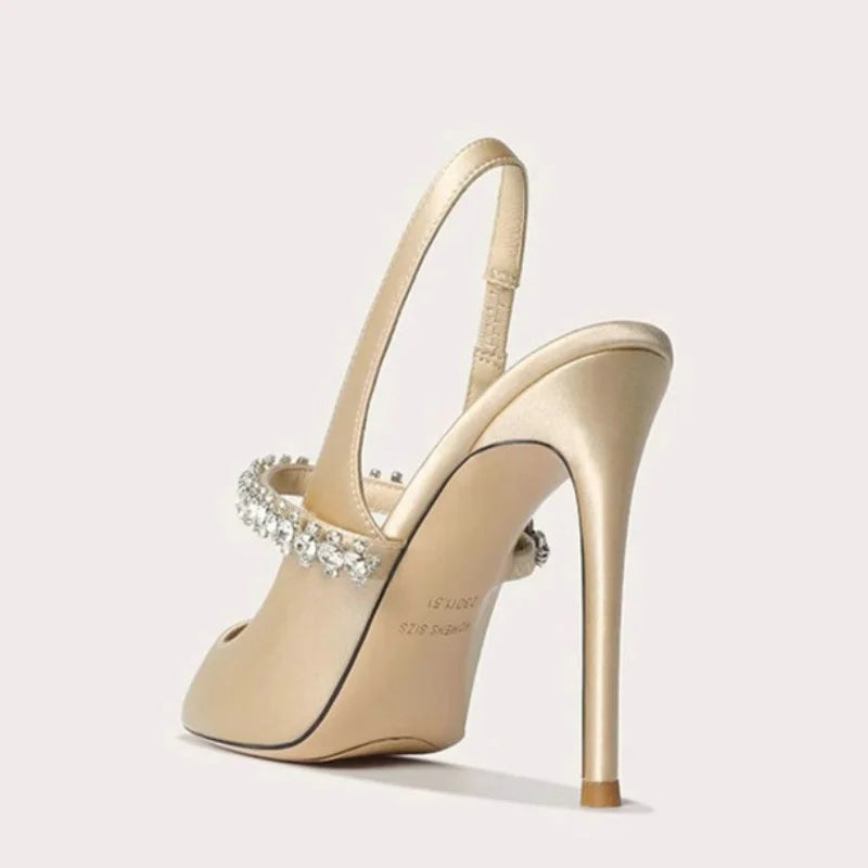 Tacones de punta fina para mujer - correa de tobillo con joyas, acabado satinado