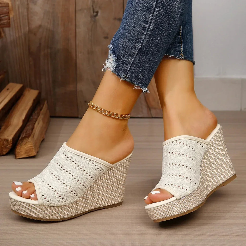 Sandales compensées pour femmes, bout ouvert, maille tricotée, plateforme à enfiler, chaussures confortables pour la marche