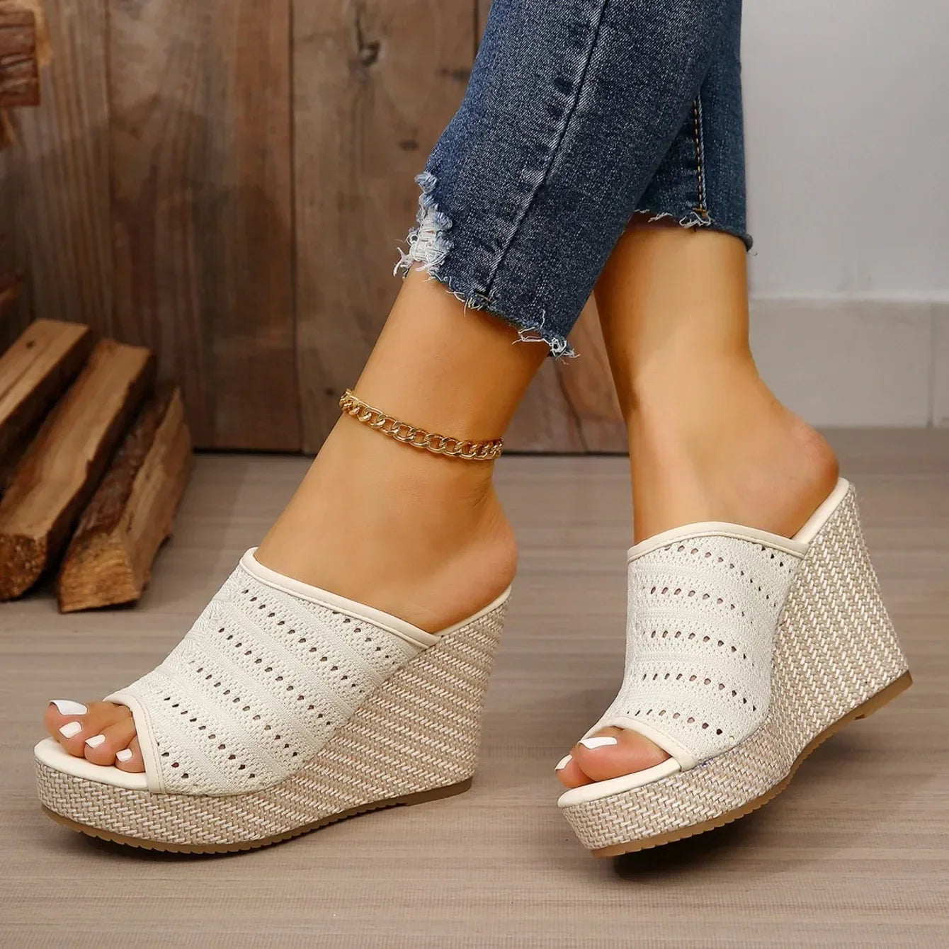 Sandales compensées pour femmes, bout ouvert, maille tricotée, plateforme à enfiler, chaussures confortables pour la marche