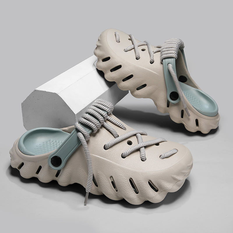 Men’s Breathable Clog Slides with Cross-Lacing and Wave Patterned Outsole