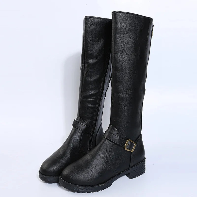 Women's Low-Heel Knee-High Boots – Buckle Accent, Fleece-Lined Interior