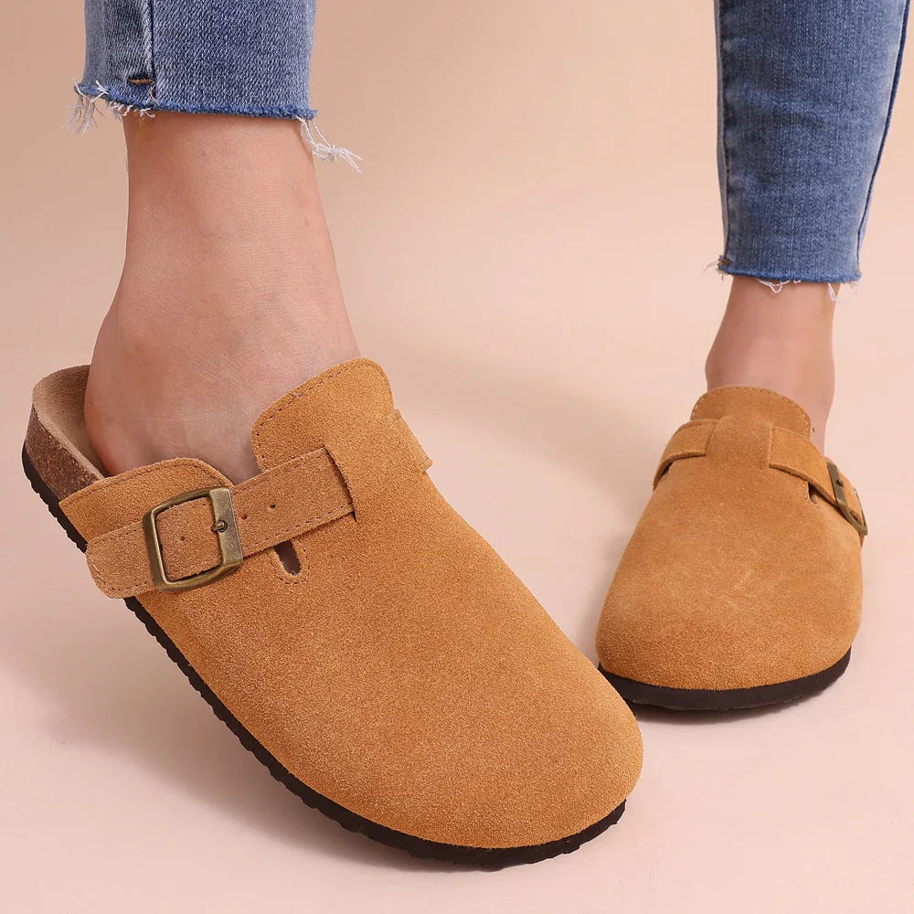 Women's Faux Suede Mules Cork Sole Clogs with Adjustable Buckle Strap