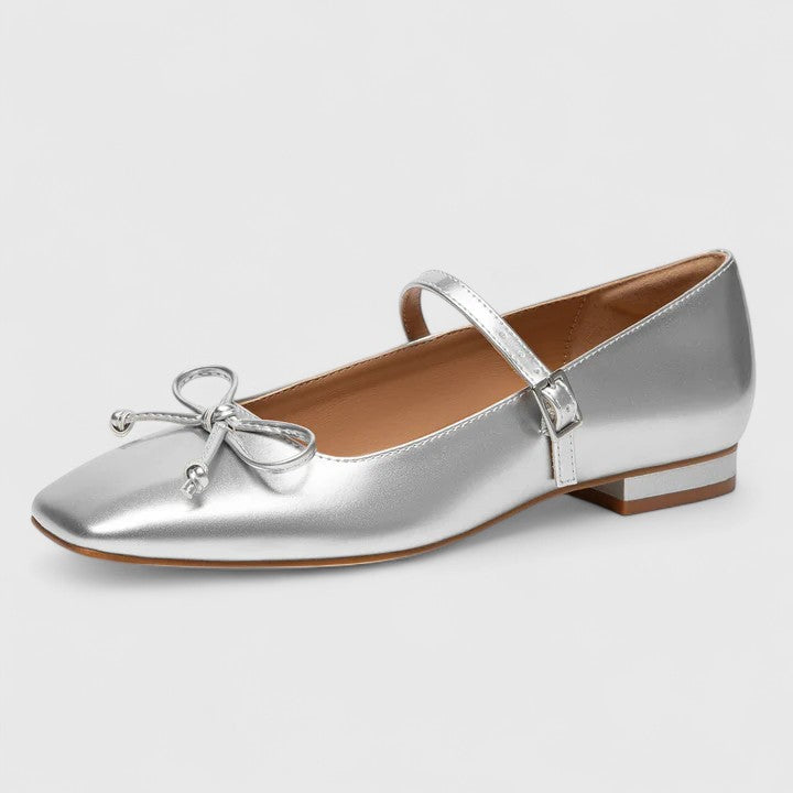 Flats Mary Jane Ortopédicos de Punta Cuadrada en Cuero Charol con Lazo