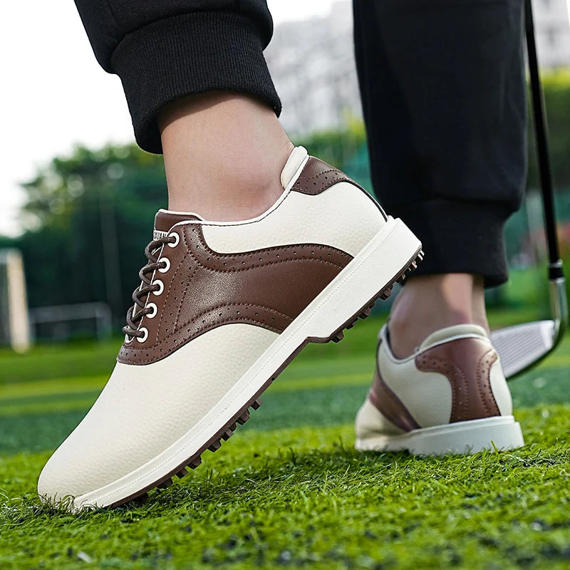 Men's Non-Slip Waterproof Golf Shoes – Bonded Leather Insole, Lace-Up Closure