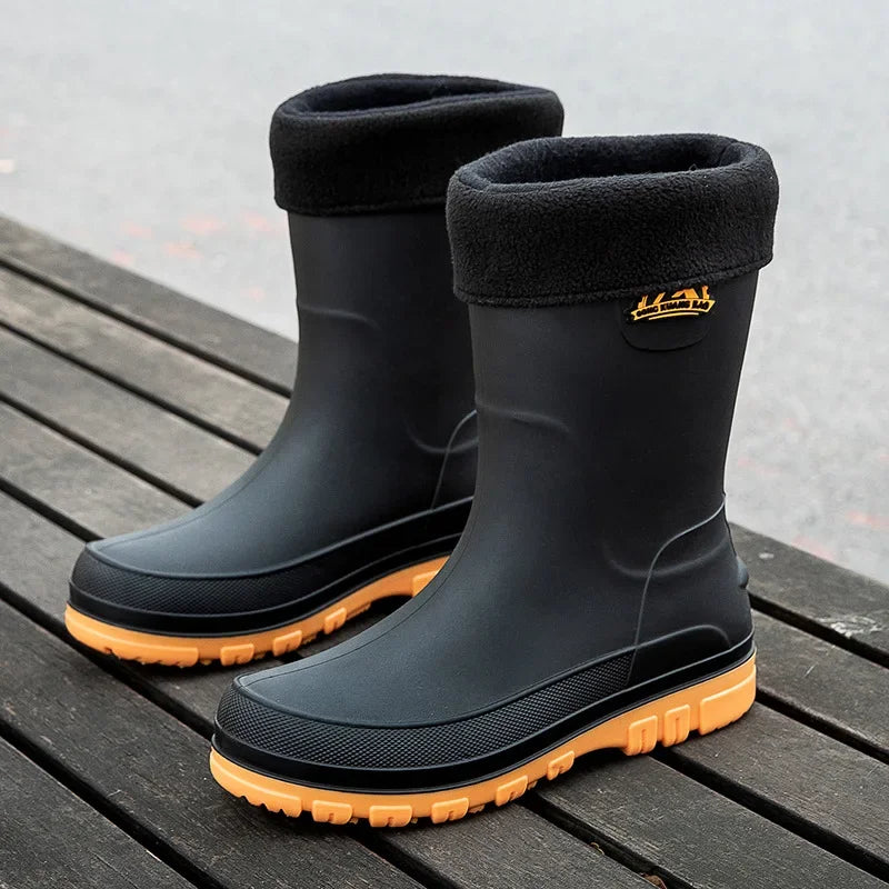 Bottes de pluie imperméables antidérapantes pour homme – semelle intérieure en peau lainée, fermeture à enfiler