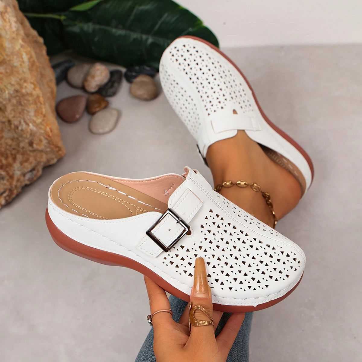 Dames ortopædiske sandaler med åben hæl, plateau og kilehæl slippers