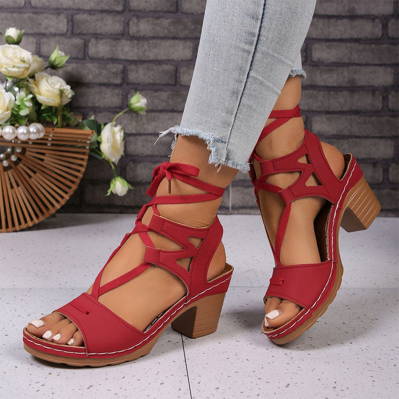 Sandales gladiateur à lacets pour femmes, bout ouvert, talon bloc épais, chaussures romaines