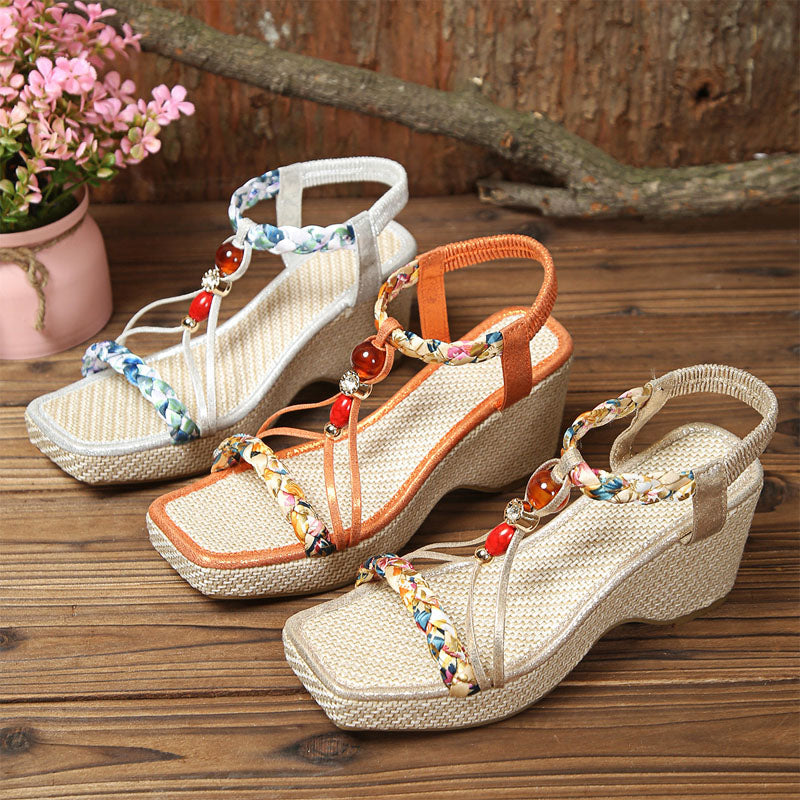 Sandales compensées pour femmes, bout ouvert, à brides perlées, plateforme rembourrée, chaussures de marche