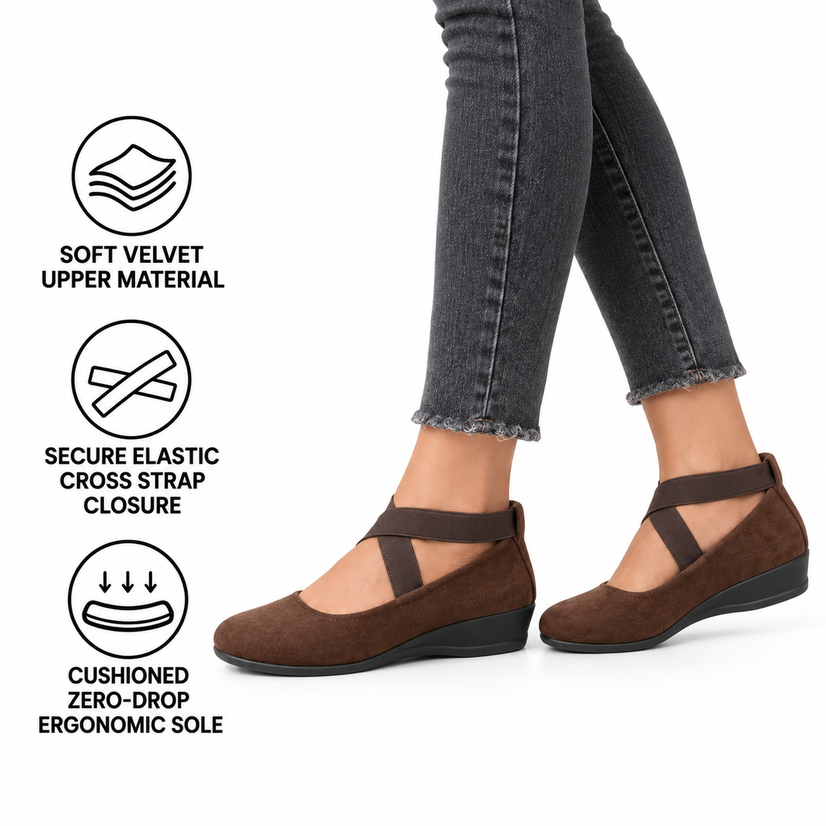 Dame ortopædiske fløjls Mary Jane-ballerinasko med krydsrem og slip-on design