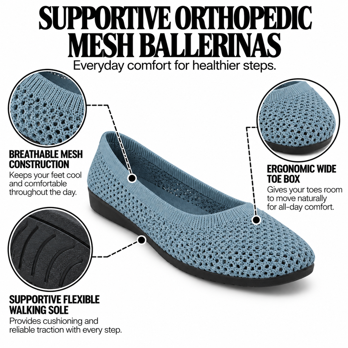 Women's Orthopedic Ballet Flats – Breathable Mesh & Wide Toe Box