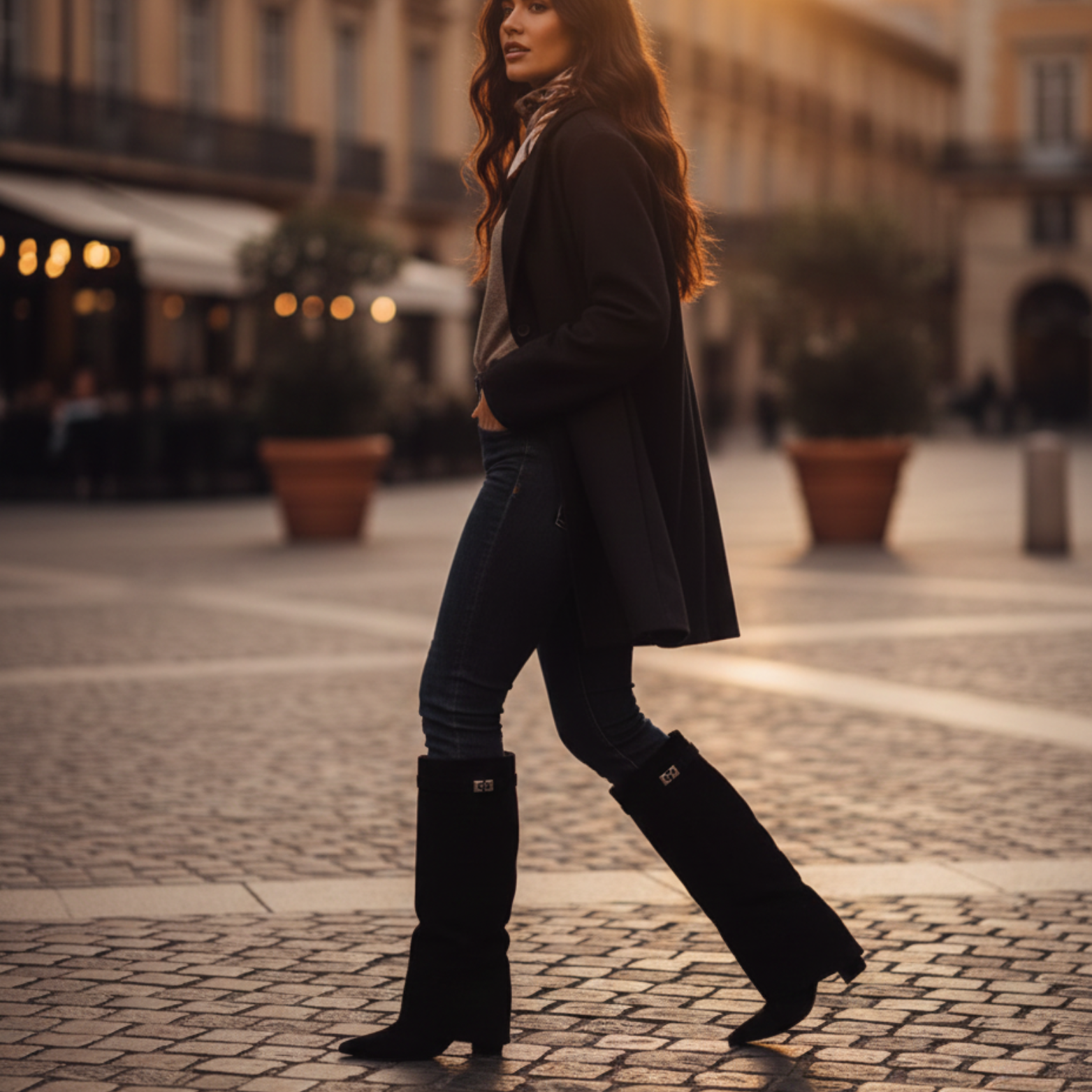 Women's Pointed Metal Buckle Knee High Boots