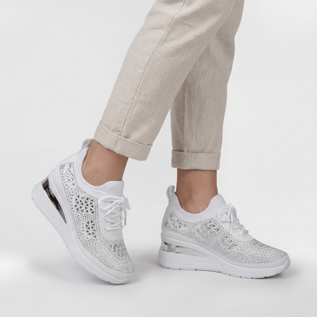 Pantofi sport cu platformă pentru femei, cu talpă înclinată, strasuri și plasă respirabilă, cu suport ergonomic