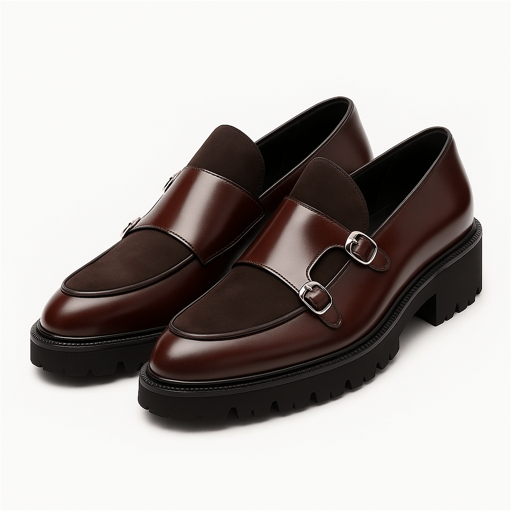 Mocassins homme à double boucle en cuir et daim, semelle crantée épaisse, chaussures habillées